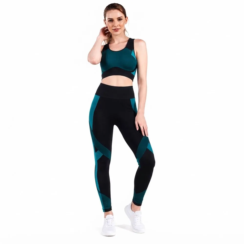 Yoga-Set-Front-View-Dark-Blue Women’s Seamless Activewear Yoga Set – Crop Top & Leggings - Image 1